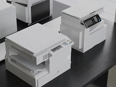 White Multifunction Office Appliances With Digital Control Panel On Black Office Desk 3d model