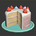 Layered Strawberry Cake with Fresh Strawberries and Cream on Blue Plate with Sliced Piece