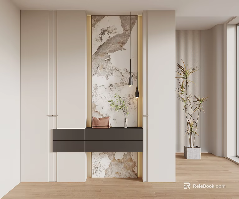 Elegant Modern Entryway Interior With Marble Backdrop Black Console Cabinet Pendant Light And Green Plant 3d model 
