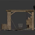 Rustic Wooden Platform Scene With Rail Tracks Stone Wall And Sloped Roof