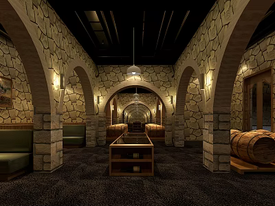 Cozy Wine Cellar Interior With Stone Walls Arched Design Warm Lighting And Wooden Barrels 3d model