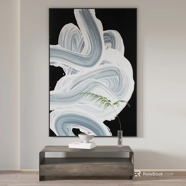 Abstract Painting With Black White Blue Swirling Lines On Interior Wall And Green Plant Decor 3d model 