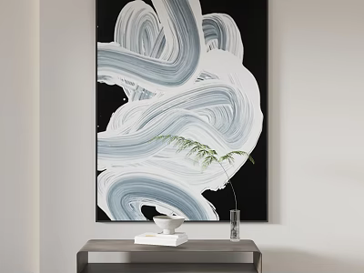 Abstract Painting With Black White Blue Swirling Lines On Interior Wall And Green Plant Decor 3d model