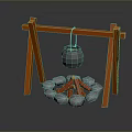 Traditional Outdoor Cooking Setup With Orange Wooden Frame Hanging Pot Gray Stones And Red Flames
