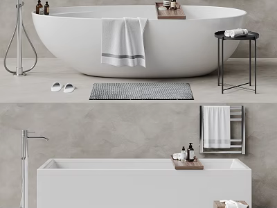Modern White Bathtub in Bathroom with Towel Bath Mat Side Table and Faucet 3d model