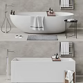 Modern White Bathtub in Bathroom with Towel Bath Mat Side Table and Faucet