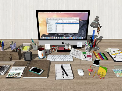 Organized Work Desk Setup With Computer Lamp Notebook Keyboard And Stationery 3d model