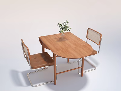Wooden Oval Dining Table Set with Mesh Back Brown Seats Metal Leg Chairs Green Plant 3d model