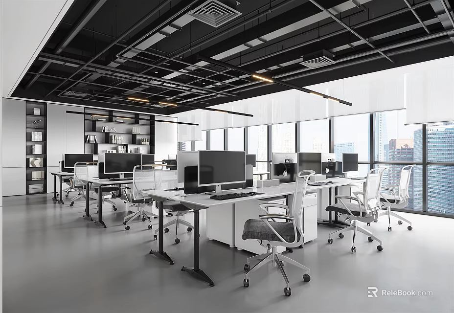 Modern Public Office Space With Open Layout Desks Computers And Large Windows 3d model 