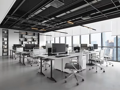 Modern Public Office Space With Open Layout Desks Computers And Large Windows 3d model