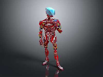 Red Robot Character With Blue Polyhedral Head And Mechanical Body Design 3d model