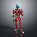 Red Robot Character With Blue Polyhedral Head And Mechanical Body Design