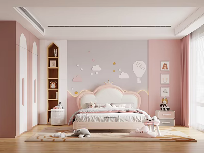 Soft Pink Kids Room Interior With Bed Cloud Balloon Decorations Bookshelf And Rug 3d model