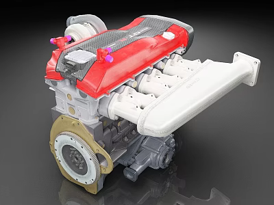 Red And White Car Engine With Carbon Fiber Cover Intake Manifold And Golden Flywheel 3d model
