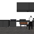 Modern Stainless Steel Kitchen Appliances And Cabinets With Workstation Counter Chef Preparing