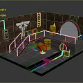 Industrial Brick Walled Room With Metal Staircase Yellow Barrels And Round Archway