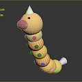 Cartoon 3D Model Yellow Caterpillar With Pink Head Spots White Horn And Tail