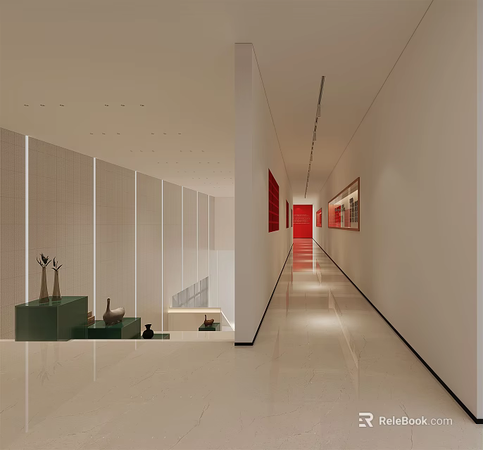Modern Office Hallway With White Walls Red Door Decorative Artworks Sleek Floor And Recessed Lighting 3d model 