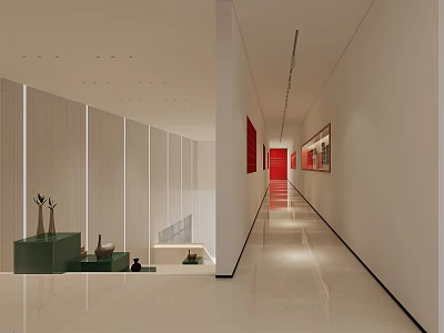 Modern Office Hallway With White Walls Red Door Decorative Artworks Sleek Floor And Recessed Lighting 3d model