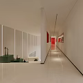 Modern Office Hallway With White Walls Red Door Decorative Artworks Sleek Floor And Recessed Lighting