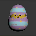 Egg Shaped Doll With Purple Blue Stripes And Yellow Dots Cracked Shell Showing Yellow Interior