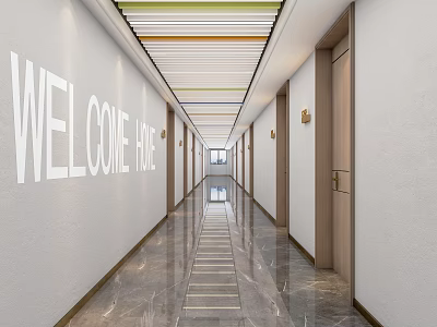 Hotel Corridor with Welcome Home Sign White Walls Wooden Doors and Marble Floor 3d model