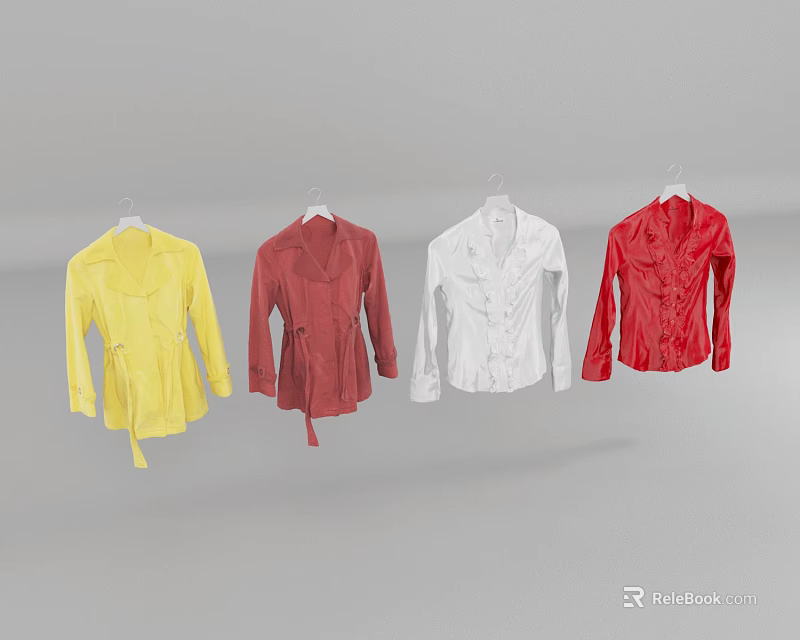 Stylish Coats In Yellow Red White And Dark Red Hanging On Hangers 3d model 