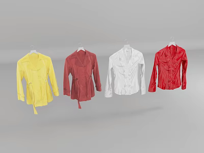 Stylish Coats In Yellow Red White And Dark Red Hanging On Hangers 3d model
