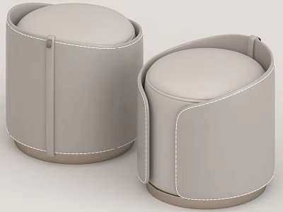 Two Modern Round Light Gray Upholstered Leather Stools With Stitched Details 3d model