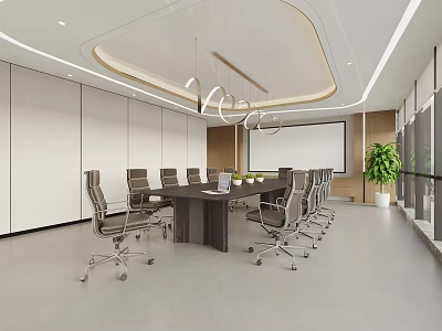 Modern Luxury Conference Room With Spacious Table Ergonomic Chairs Projector Screen And Green Plant 3d model