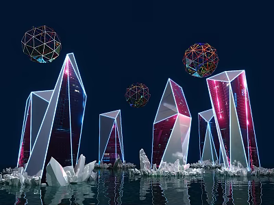 Futuristic Geometric Architecture With Illuminated Spheres On Water Surface At Night 3d model