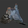 Detailed Cartoon Castle Scene With Mountain Terrain And Spire Towers