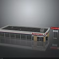 Single Story Rectangular Gas Station Building With Flat Black Roof And Red White Striped Edges