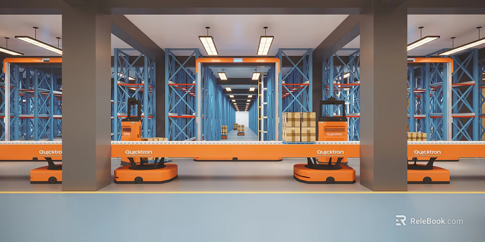 Automated Warehouse Scene With Orange Oceaneering AGV Robots Blue Racks And Cargo Pallets 3d model 