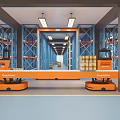 Automated Warehouse Scene With Orange Oceaneering AGV Robots Blue Racks And Cargo Pallets
