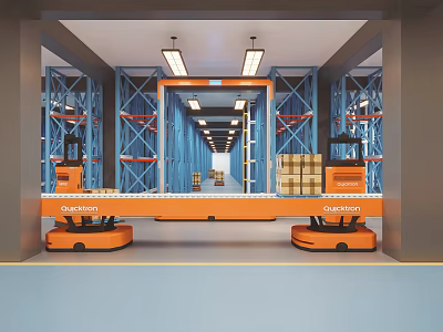 Automated Warehouse Scene With Orange Oceaneering AGV Robots Blue Racks And Cargo Pallets 3d model