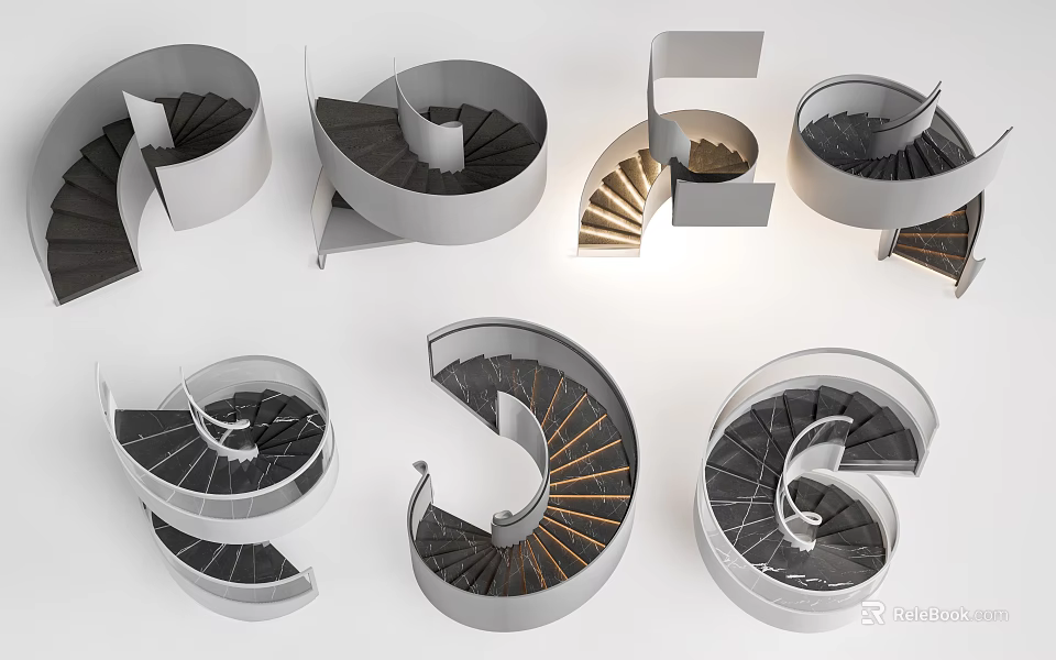 Modern Spiral Staircases With Various Designs Metal Railings And Wooden Steps 3d model 