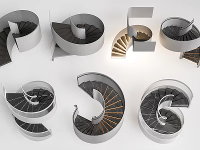 Modern Spiral Staircases With Various Designs Metal Railings And Wooden Steps 3d model