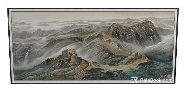 Chinese Great Wall Landscape Painting With Winding Path And Watchtowers Among Mountains And Clouds 3d model 