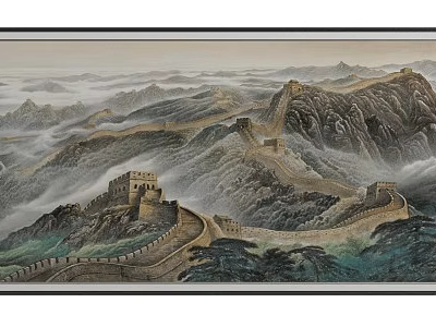 Chinese Great Wall Landscape Painting With Winding Path And Watchtowers Among Mountains And Clouds 3d model