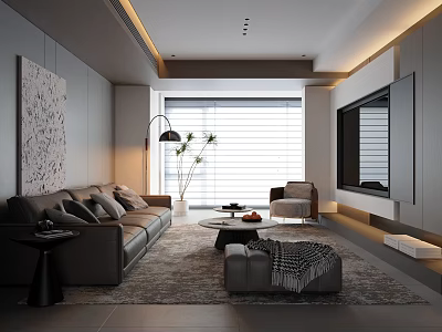 Modern Living Room Interior Featuring Brown Sofa Area Rug Coffee Table TV And Decorative Painting 3d model