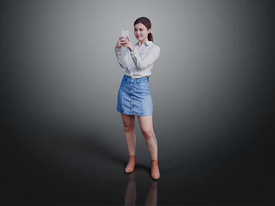 A Woman Wearing White Shirt And Blue Denim Skirt Using Smartphone Against Gray Reflective Floor 3d model