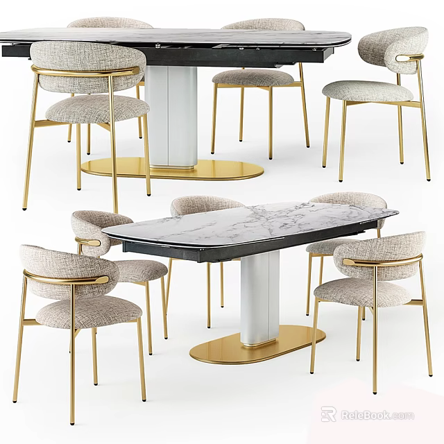 Luxury Modern Black And White Marble Dining Table With Golden Legs And Beige Chairs 3d model 