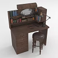 Wooden Functional Desk With Drawers Mirror Books Table Lamp And Stool