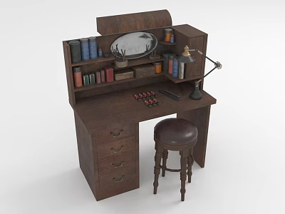 Wooden Functional Desk With Drawers Mirror Books Table Lamp And Stool 3d model