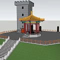 Chinese Pavilion With Yellow Roof Red Pillars Stone Steps On Green Lawn Under Blue Sky