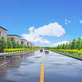 Road Facilities With White Guardrails Paved Sidewalk And Parking Area Surrounded By Green Trees