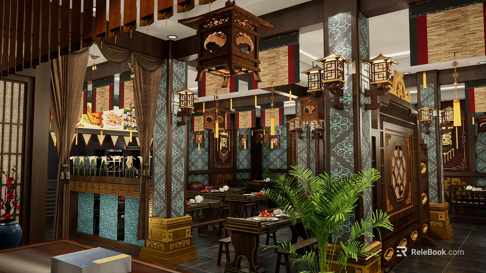 Chinese Style Restaurant Interior With Wooden Decor Lanterns And Traditional Patterned Walls 3d model 