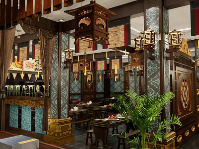 Chinese Style Restaurant Interior With Wooden Decor Lanterns And Traditional Patterned Walls 3d model