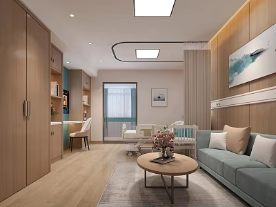 Modern Nursing Room Interior With Bed Sofa Coffee Table And Wooden Cabinets 3d model